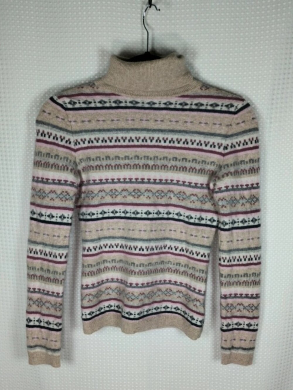 Garnet Hill Beige Fair Isle Cashmere Turtleneck Sweater Pink and Navy Accents